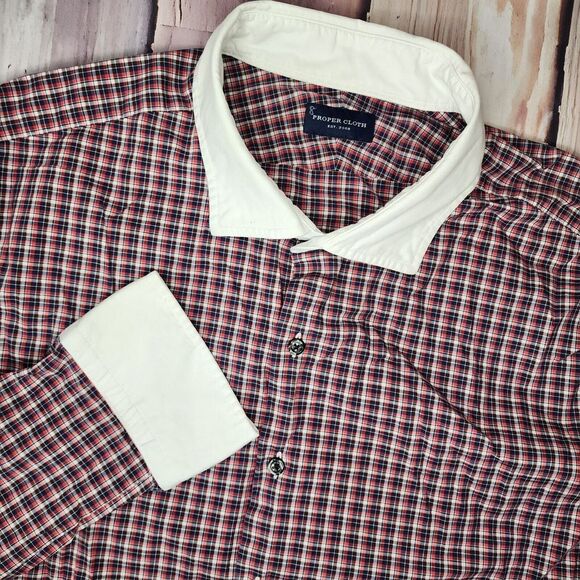 Proper Cloth Mens L Button‎ Up Red Blue Plaid Contrast Trim Long Sleeve Shirt - Picture 1 of 7